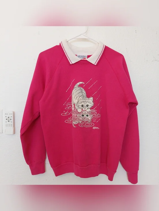 Bright Pink Cat Graphic Pullover with White Collar Morning Sun Cat Rain Drop - Picture 1 of 2